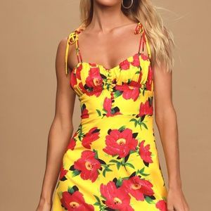 Dionne Bright Yellow Floral Print Satin Tie-Strap Mini Dress $115 NEW!!!